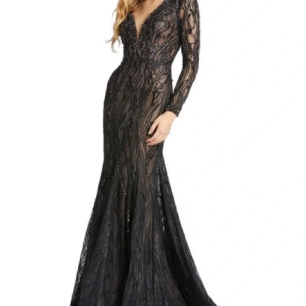 Mac Duggal Beaded Illusion LongSleeves Plunge Neck Gown - Picture 10 of 10